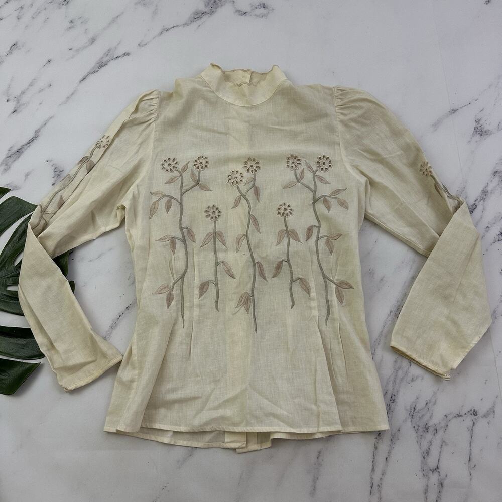 Belle Femme Womens Vintage 80s High Neck Blouse Top Size 8 Cream Floral Eyelet